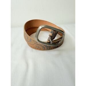 Brown Leather Belt With Blue & Silver Floral Print